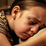 A young child with furrowed brows, a trembling lip, and tearful eyes, being comforted by a loving parent. Soft, warm lighting, focus on emotional connection.