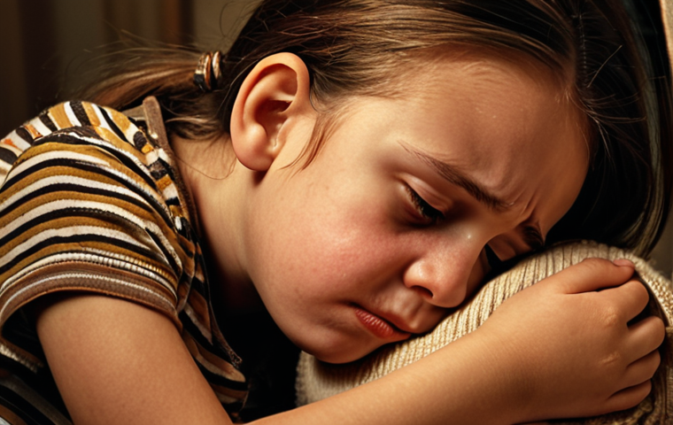 A young child with furrowed brows, a trembling lip, and tearful eyes, being comforted by a loving parent. Soft, warm lighting, focus on emotional connection.