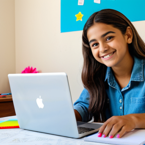 **

"A young Latina student, fully clothed in modest attire, happily studying with her laptop and colorful school supplies at a wooden desk in her brightly lit bedroom. The room is decorated with motivational posters in Spanish. She is smiling confidently. Safe for work, appropriate content, professional photography, perfect anatomy, correct proportions, well-formed hands, proper finger count, family-friendly, high quality."

**