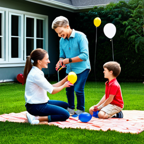 Home 28 Family-Friendly Scene**
"A family celebrating a child learning to tie their shoes, modest clothing, backyard setting with balloons, safe for work, appropriate content, fully clothed, professional photography, perfect anatomy, natural proportions, family-friendly, high quality."
**