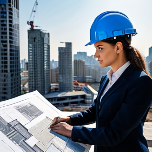 Home 14 **
"A professional female architect, fully clothed in a stylish and modest dress, reviewing blueprints on a construction site with a cityscape backdrop, safe for work, appropriate content, perfect anatomy, natural pose, high-quality rendering."
**