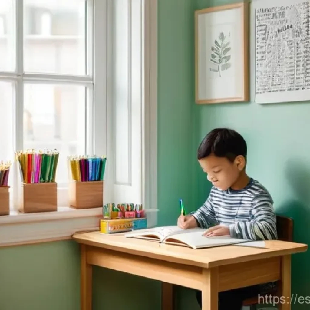 아이의 집중력 높이는 환경 조성 - **Prompt:** A cozy and well-organized child's study corner bathed in soft, natural daylight streamin...