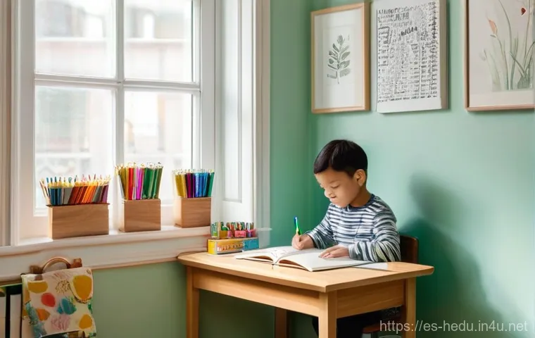 아이의 집중력 높이는 환경 조성 - **Prompt:** A cozy and well-organized child's study corner bathed in soft, natural daylight streamin...