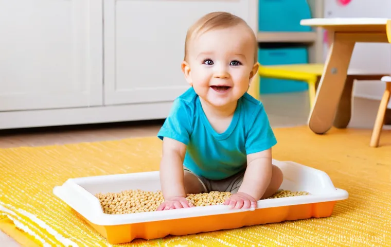 아이의 감각 발달 돕기 - **Prompt 1: Tactile and Movement Discovery**
    "A joyful toddler, aged around 2 years old, wearing...