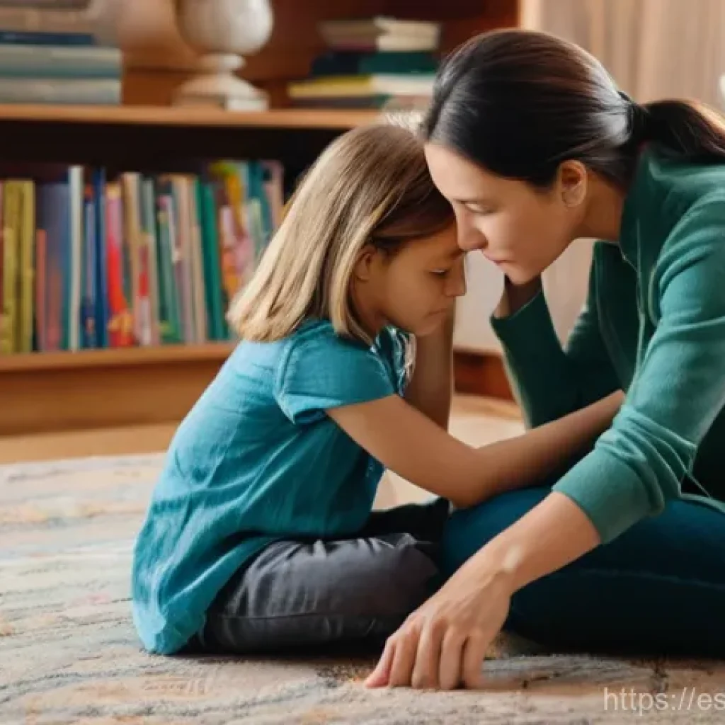 부모의 공감력 키우기 - **Prompt:** A warm and intimate scene featuring a mother gently consoling her elementary school-aged...