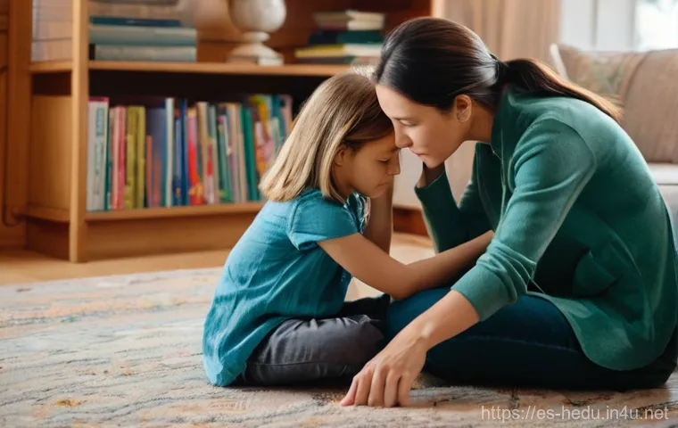 부모의 공감력 키우기 - **Prompt:** A warm and intimate scene featuring a mother gently consoling her elementary school-aged...