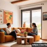 훈육과 체벌의 차이 - A warm and inviting family living room scene in a modern Spanish household, featuring a mother and f...