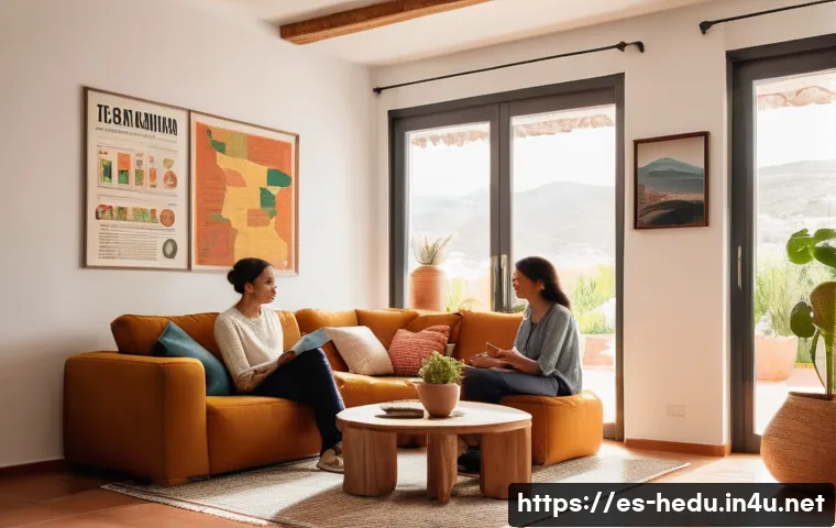 훈육과 체벌의 차이 - A warm and inviting family living room scene in a modern Spanish household, featuring a mother and f...