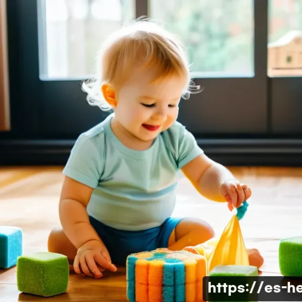 아이의 감각 발달 놀이법 - A joyful toddler wearing a colorful diaper playing with a sensory box filled with various textured o...