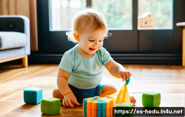아이의 감각 발달 놀이법 - A joyful toddler wearing a colorful diaper playing with a sensory box filled with various textured o...