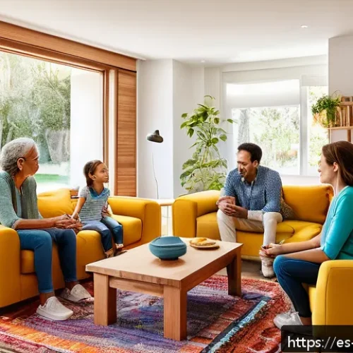아동기 협상력 키우기 - A warm and inviting family living room scene in a modern Spanish home, where parents and children ar...