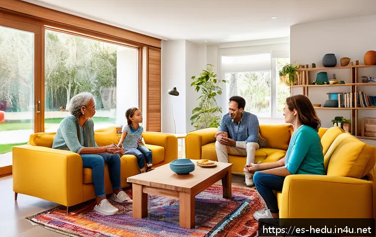 아동기 협상력 키우기 - A warm and inviting family living room scene in a modern Spanish home, where parents and children ar...