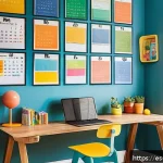아이의 정리 습관 형성법 - A bright, cheerful family study room in a modern Spanish home, featuring a dedicated study corner wi...