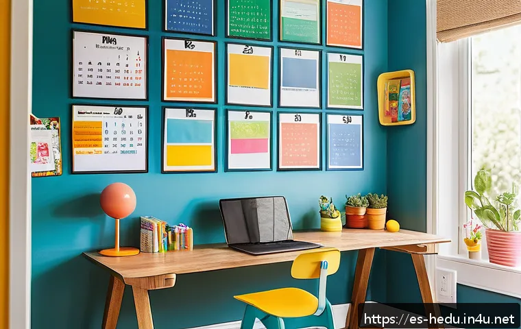 아이의 정리 습관 형성법 - A bright, cheerful family study room in a modern Spanish home, featuring a dedicated study corner wi...