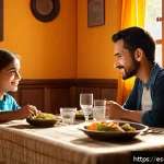 자녀가 존경하는 부모 되기 - A warm family dinner scene in a cozy Spanish-style dining room, showing a father attentively listeni...