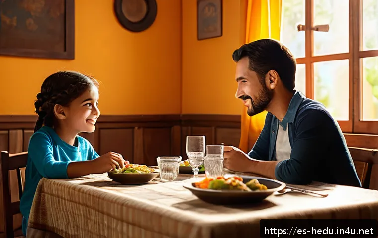 자녀가 존경하는 부모 되기 - A warm family dinner scene in a cozy Spanish-style dining room, showing a father attentively listeni...