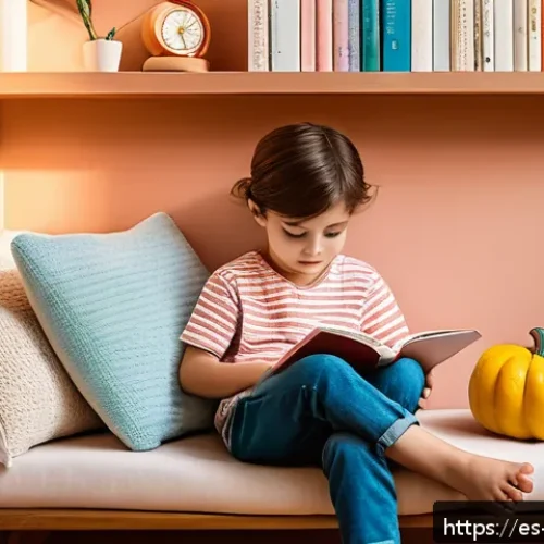 아이의 스트레스 관리 지도 - A warm and cozy children's calm corner in a Spanish family home, featuring soft cushions, gentle pas...