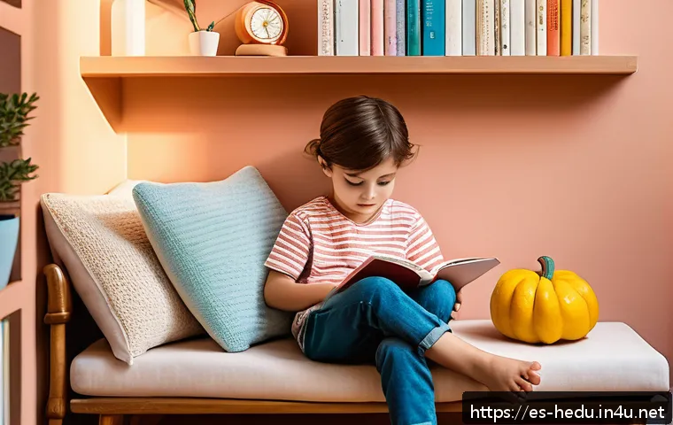 아이의 스트레스 관리 지도 - A warm and cozy children's calm corner in a Spanish family home, featuring soft cushions, gentle pas...