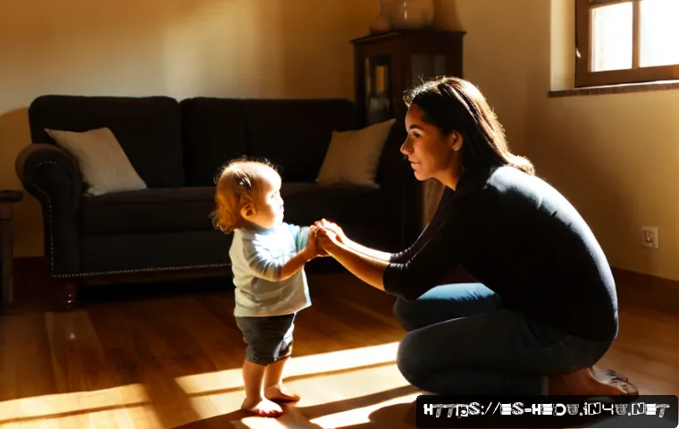 Home 17 훈육과 애착 형성의 관계 - Photorealistic warm family scene in a sunlit Spanish-speaking household, a calm mother kneeling at e...
