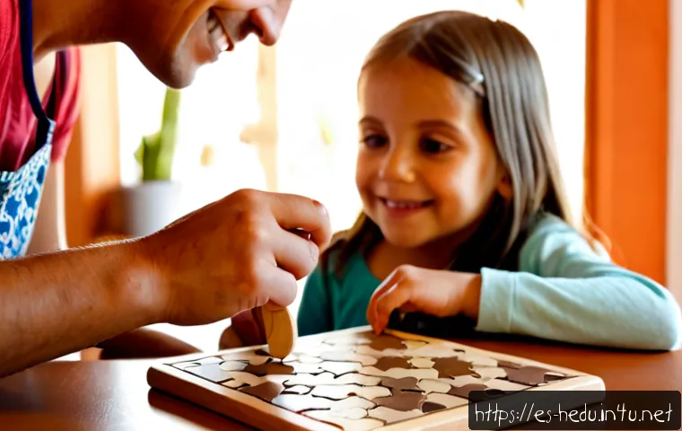 아이의 자기 효능감 키우기 - Photorealistic warm family home scene in Spain, a young child proudly completing a simple wooden puz...